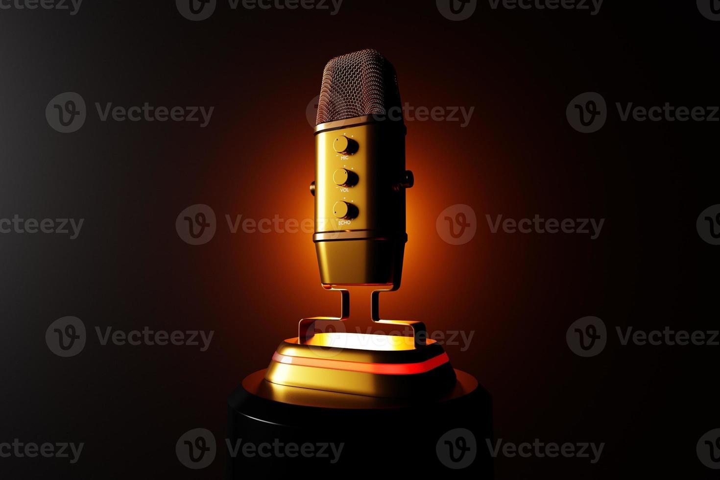 3d illustration, retro  pink microphone with orange light  on  black  background. Music award, karaoke, radio and recording studio sound equipment photo