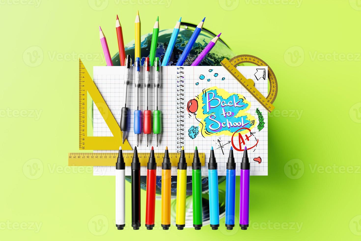 Web page design template for school, studio, course, creative kids. The inscription back to school on the background of the student's school tools on a yellow background photo