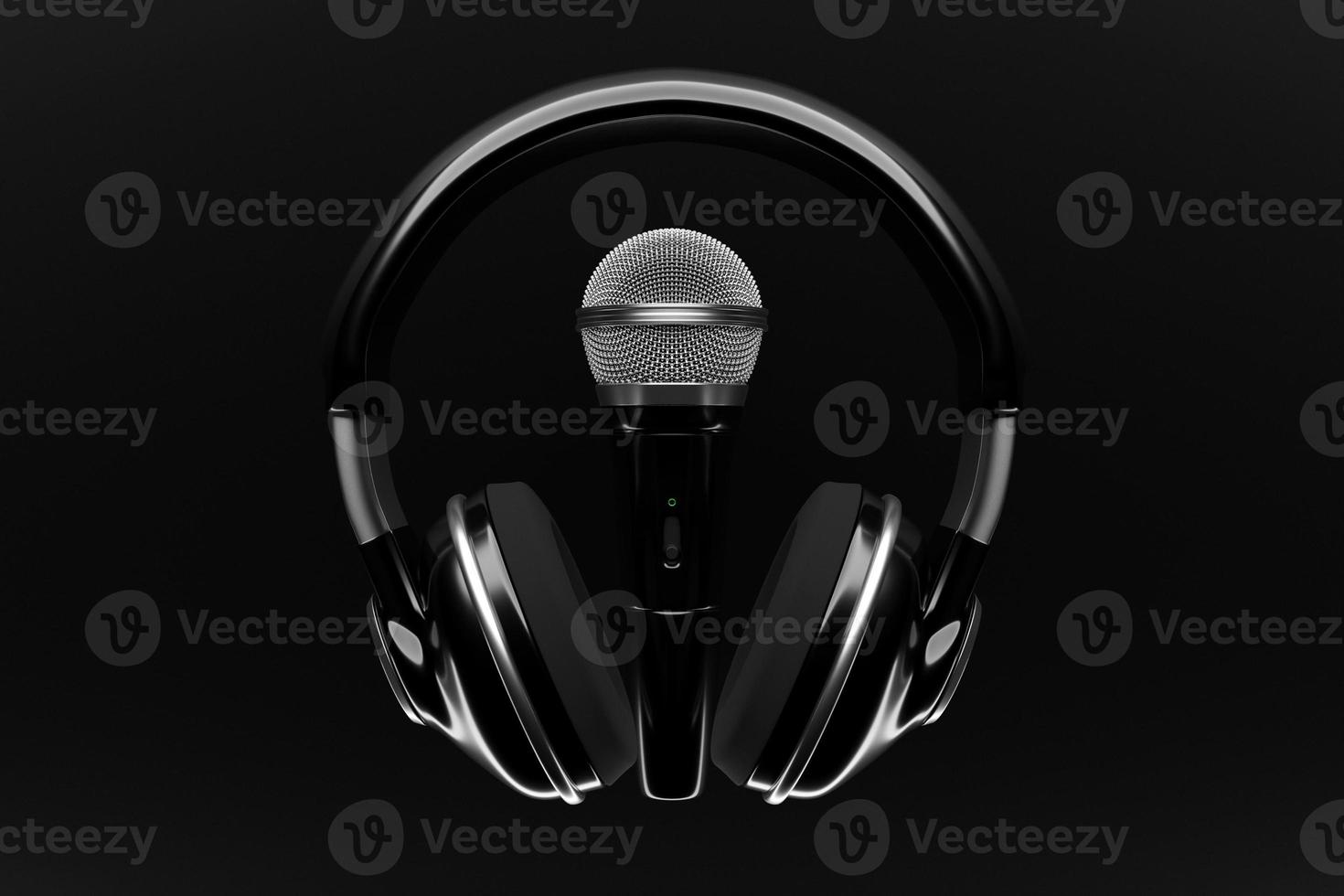 microphone, round shape model and wireless headphones on black background, realistic 3d illustration. photo