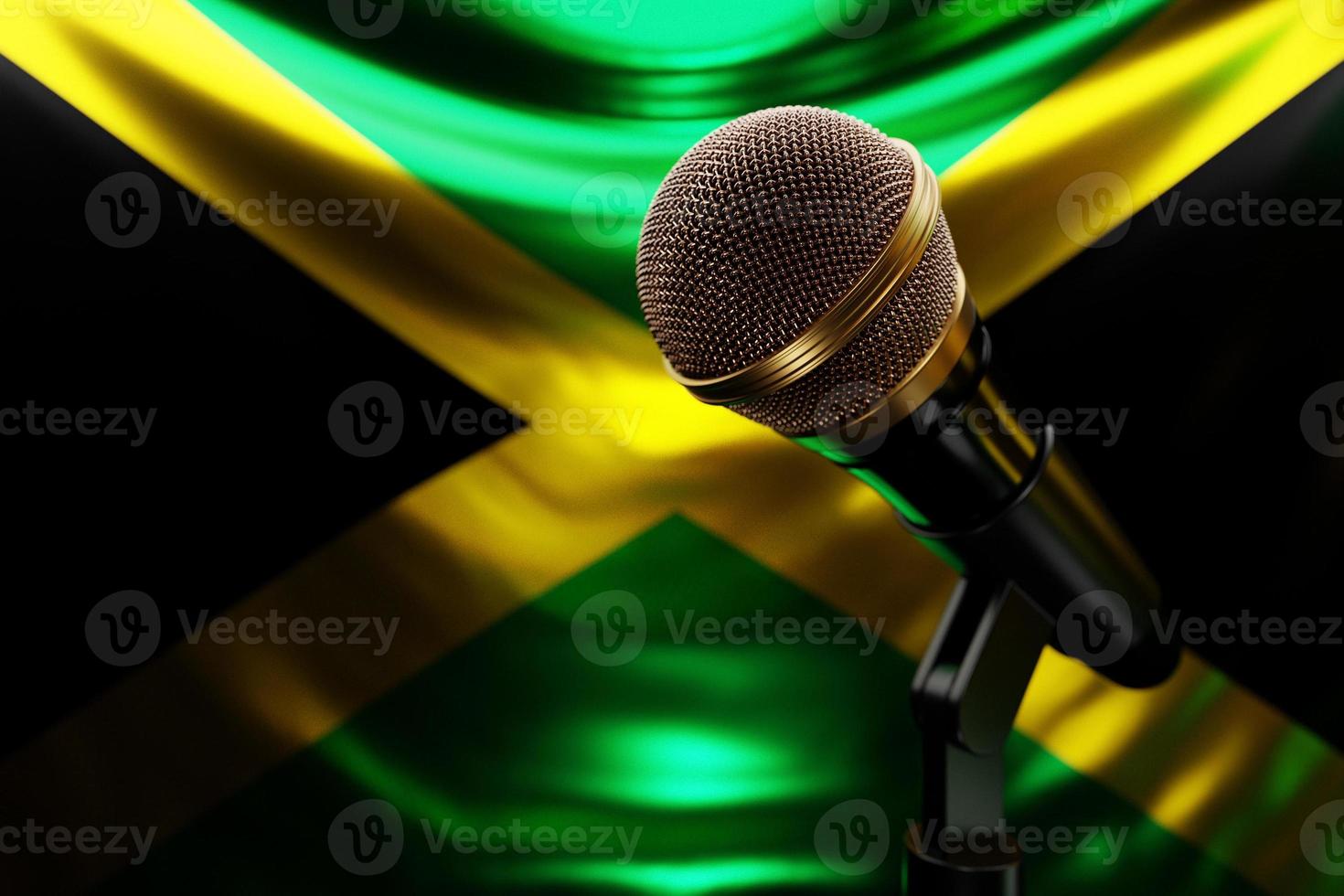 micrófono en el fondo de la bandera nacional de jamaica, ilustración 3d realista. premio de música, karaoke, radio y equipo de sonido de estudio de grabación foto