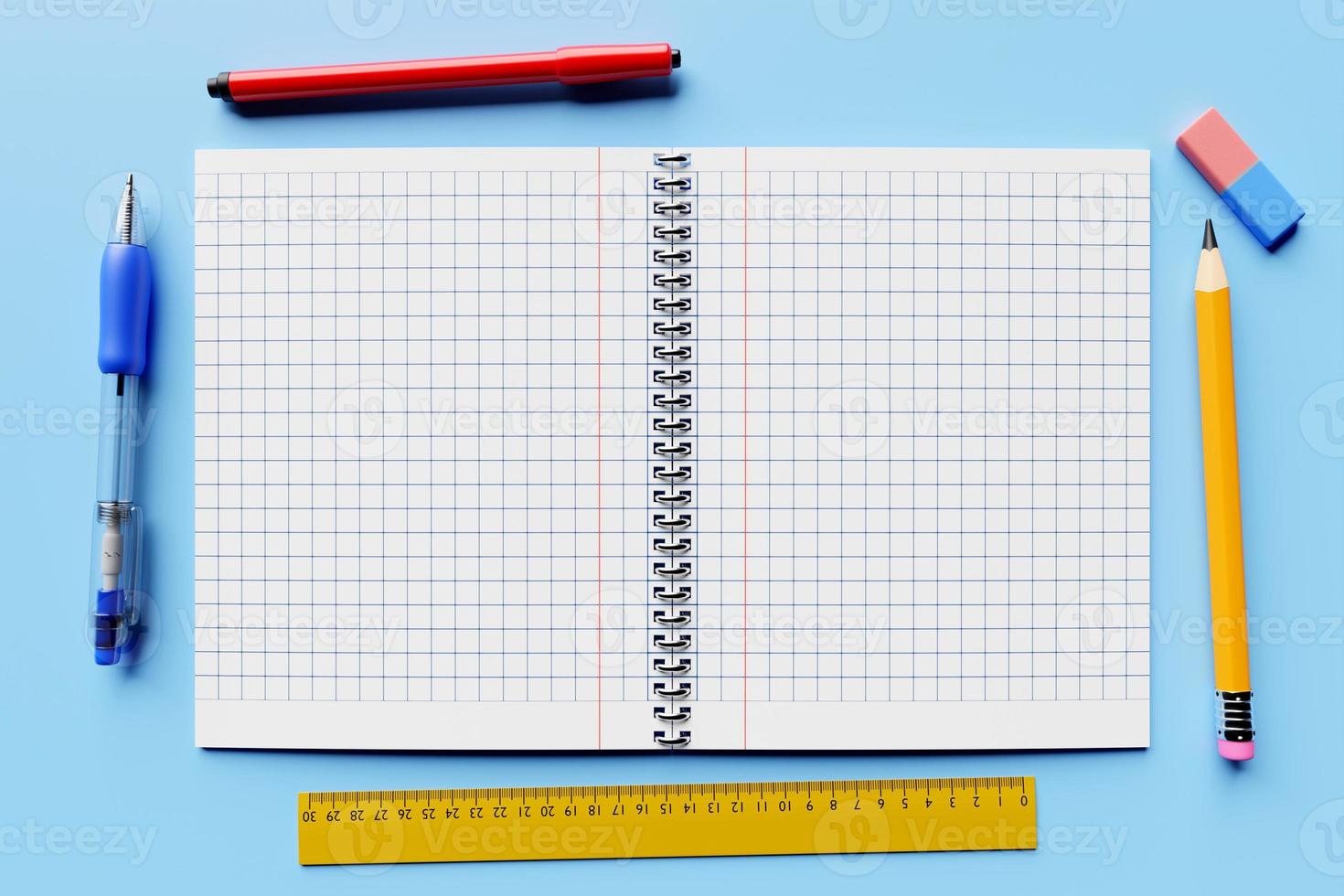 illustration, an open checkered notebook, a blue pen,  pencil, rubber, ruller and marker  on a blue table are ready for the lesson. Stationery.Back to school photo