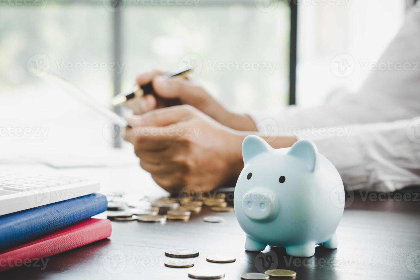 a woman makes calculations, checks her finances, makes notes in a notebook photo