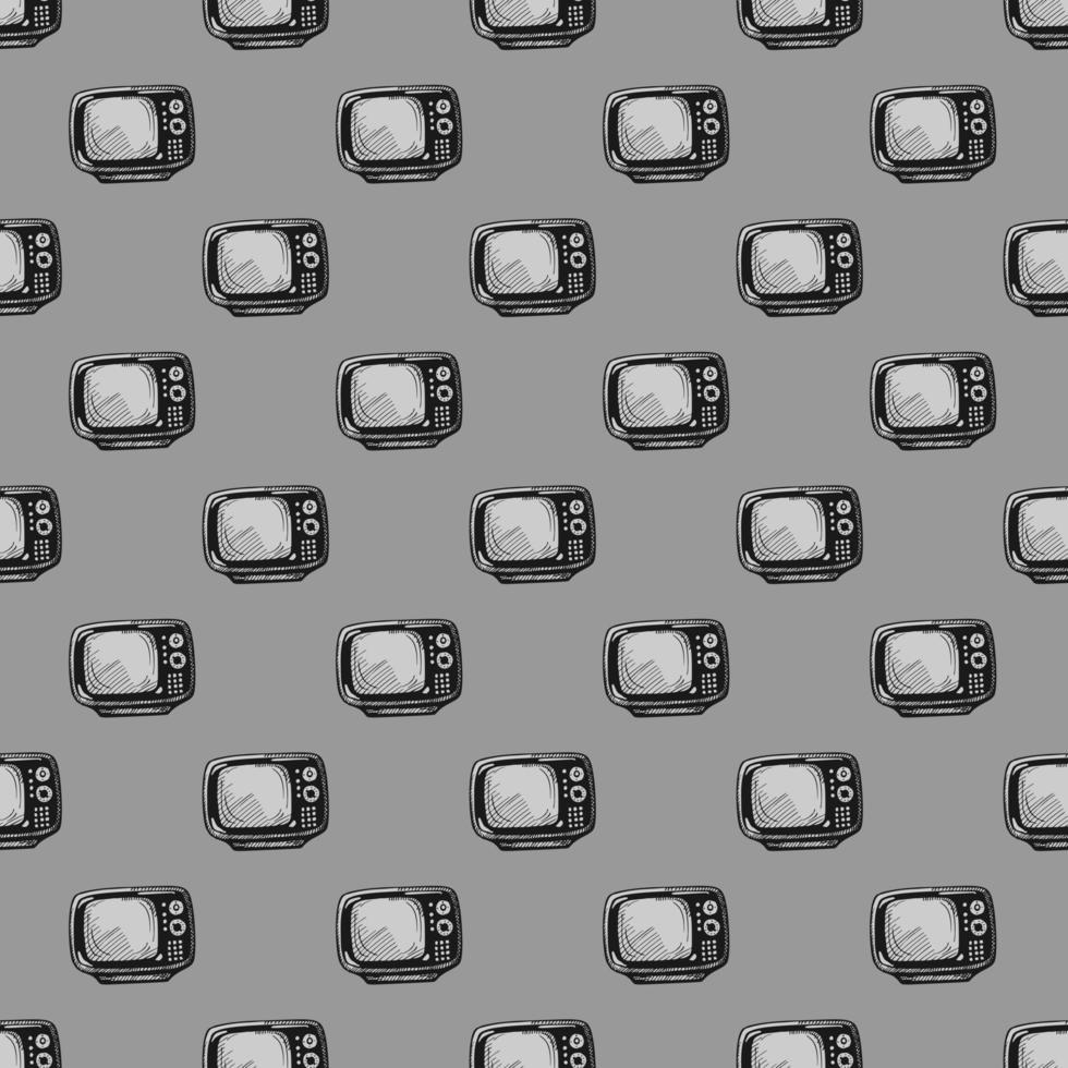 Retro TV engraved seamless pattern. Vintage television background in hand drawn style. vector
