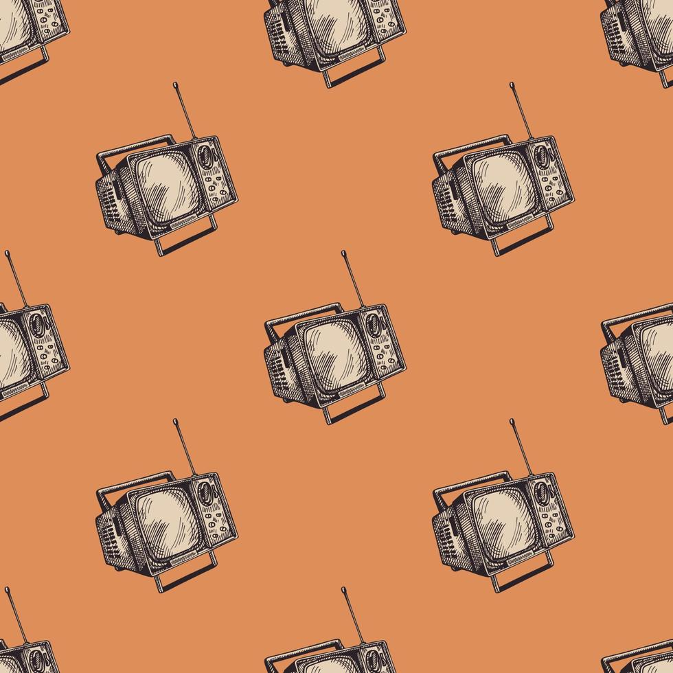 Retro TV engraved seamless pattern. Vintage television with antenna in hand drawn style. Sketch old device. vector