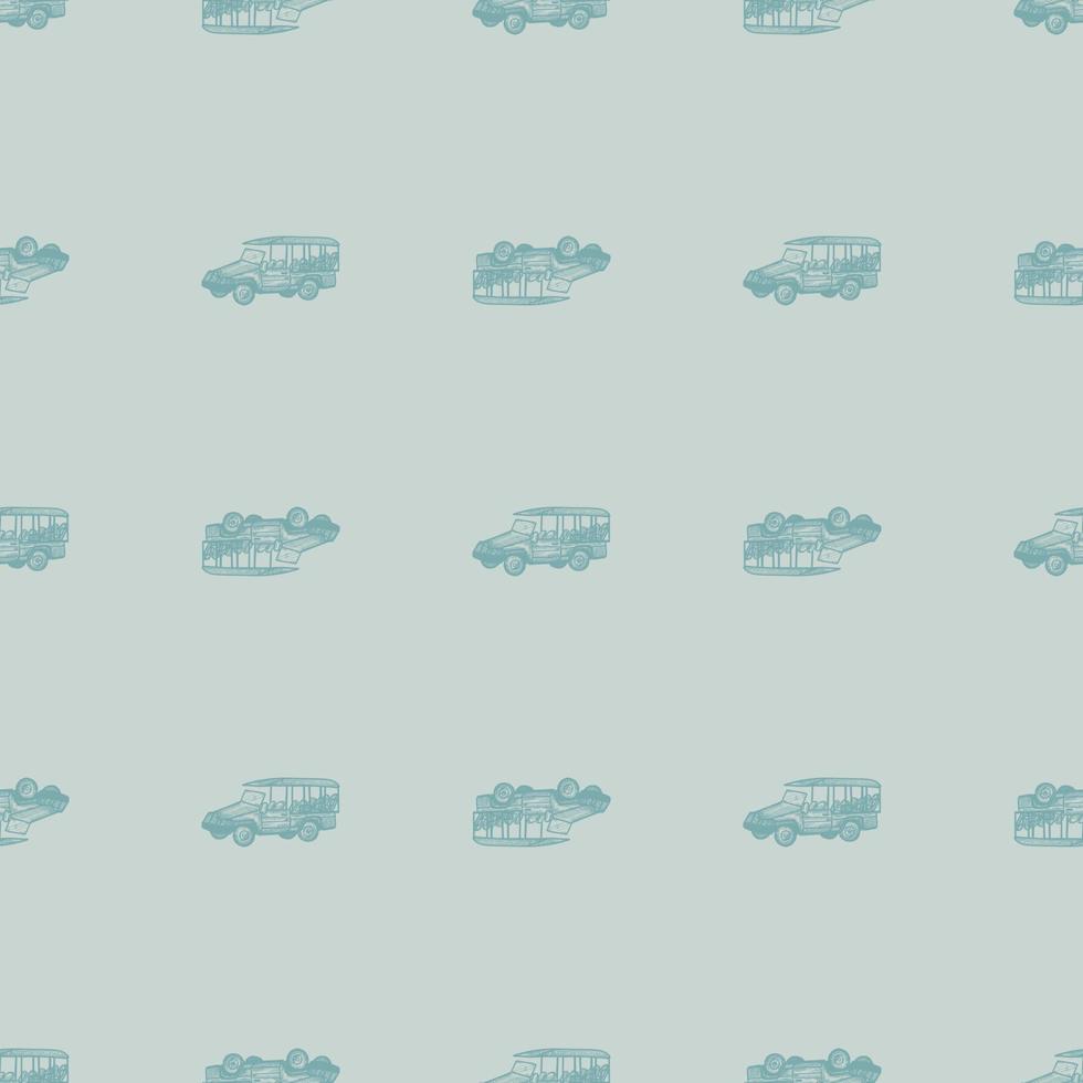 Safari bus engraved seamless pattern. Vintage adventure off road car in hand drawn style. vector