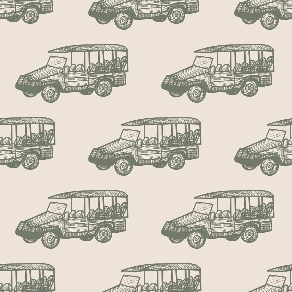 autobús safari grabado de patrones sin fisuras. aventura vintage todoterreno en estilo dibujado a mano. vector