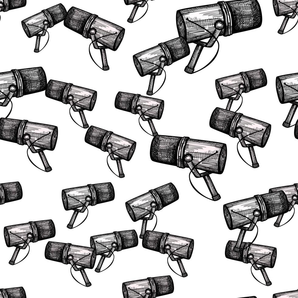 Microphone engraved seamless pattern. Music equipment for studio in hand drawn style. vector