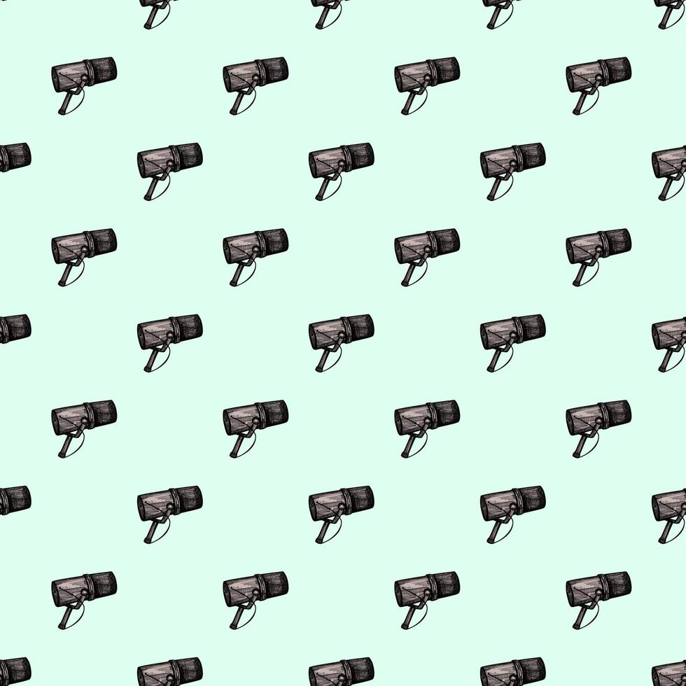 Microphone engraved seamless pattern. Music equipment for studio in hand drawn style. vector