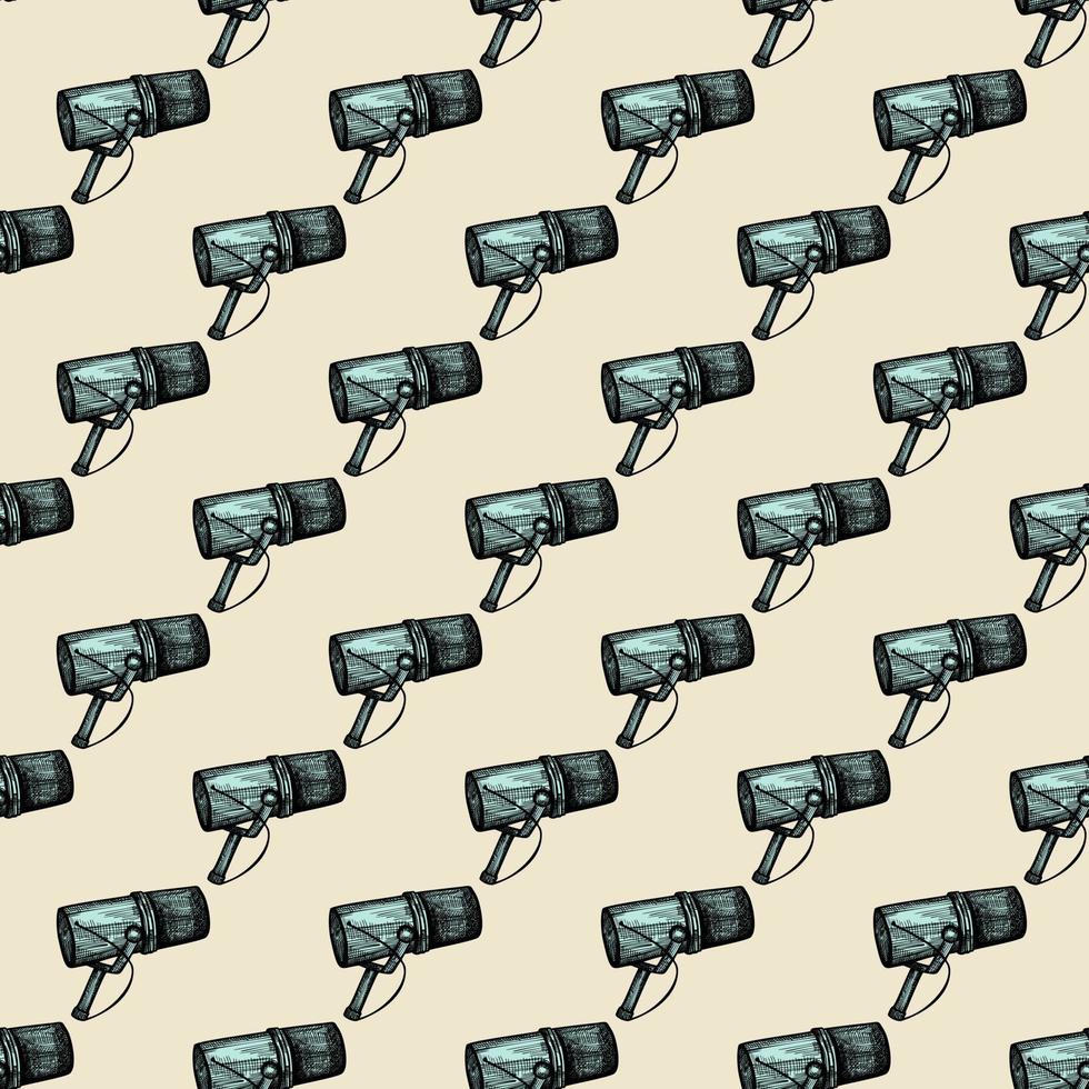 Microphone engraved seamless pattern. Music equipment for studio in hand drawn style. vector