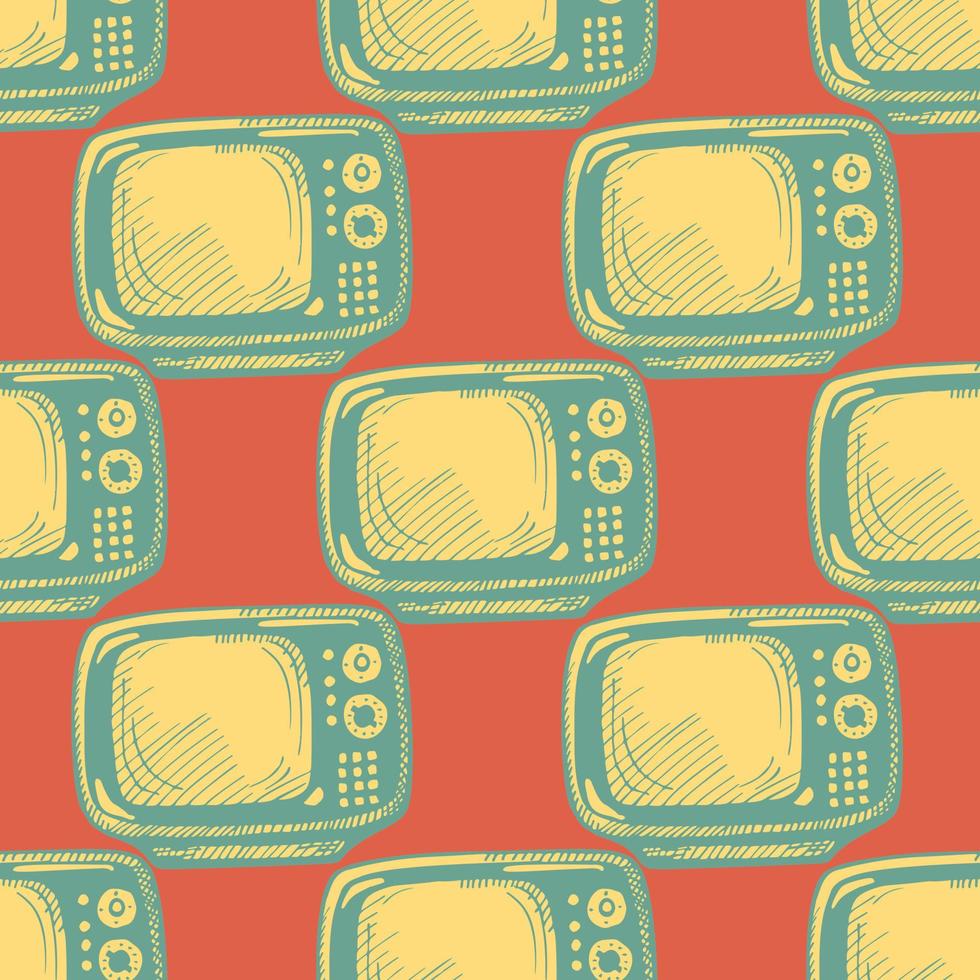 Retro TV engraved seamless pattern. Vintage television background in hand drawn style. vector