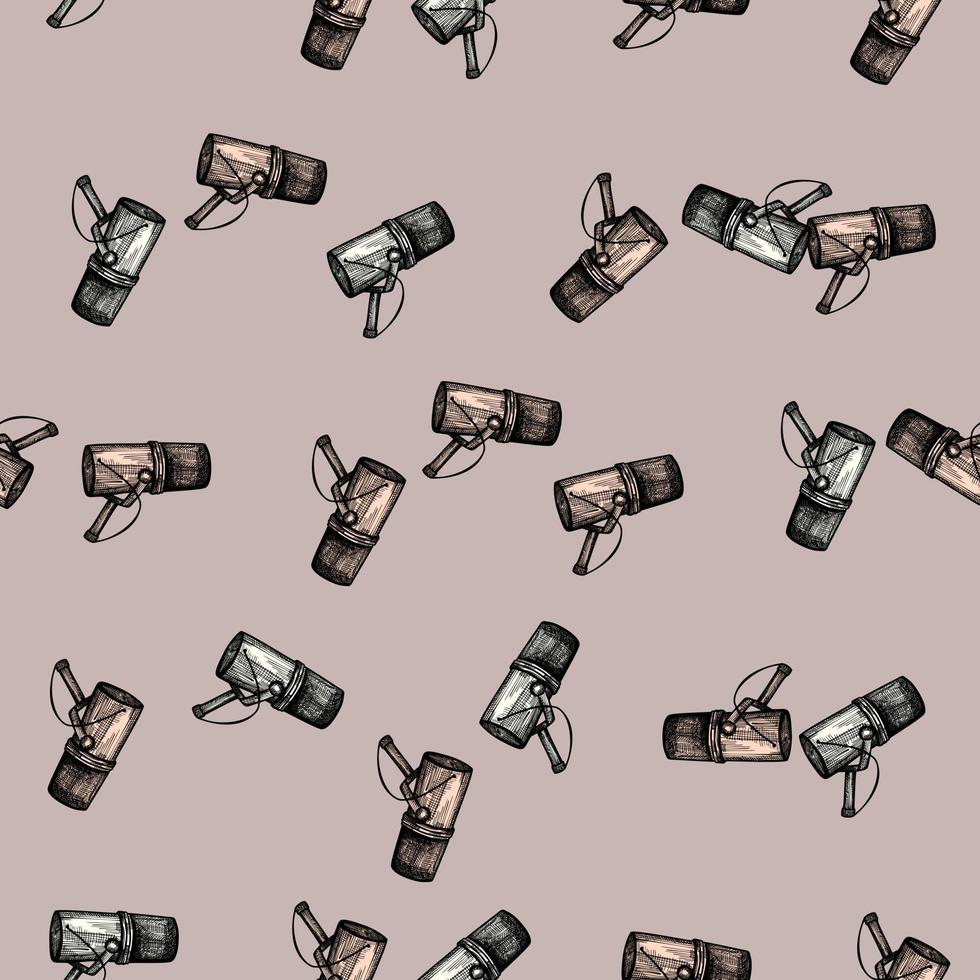 Microphone engraved seamless pattern. Music equipment for studio in hand drawn style. vector