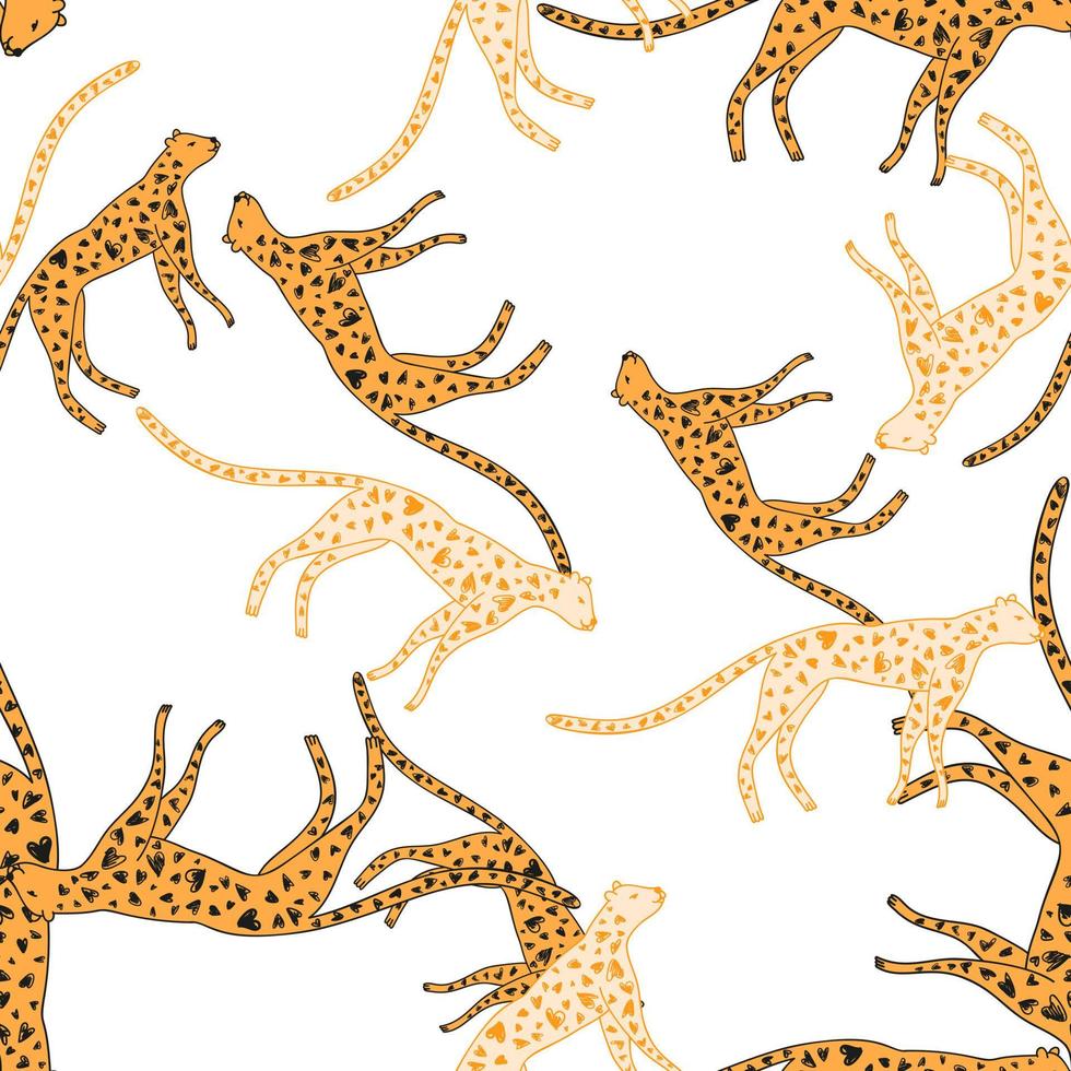 Hand drawn cute leopard seamless pattern. Doodle cheetah endless wallpaper. vector