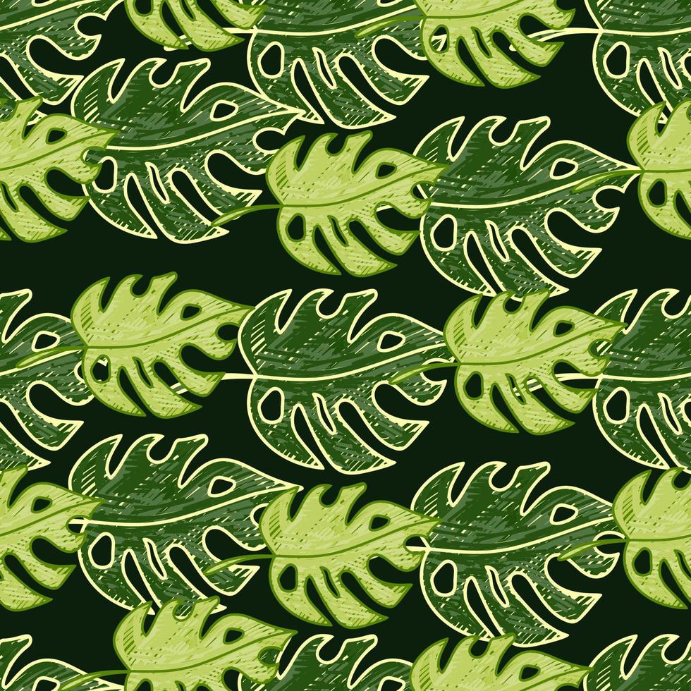 Scribble monstera leaves tropical seamless pattern. Hand drawn exotic hawaiian jungle backdrop. Rainforest background. vector