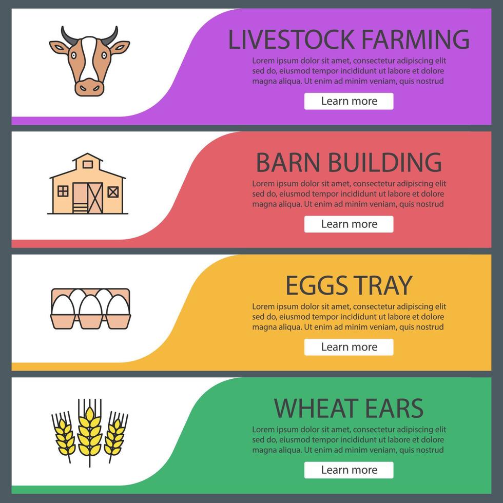 conjunto de plantillas de banner web de agricultura. cabeza de vaca, construcción de granero, bandeja de huevos, espigas de trigo. elementos del menú de color del sitio web. conceptos de diseño de encabezados vectoriales vector