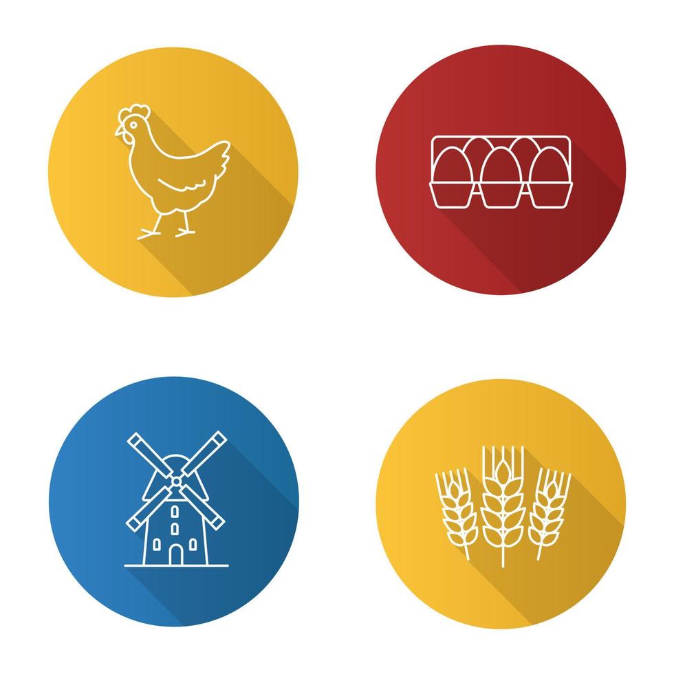 conjunto de iconos de sombra larga plana lineal de agricultura. agricultura. pollo, bandeja de huevos, molino de viento, espigas de trigo. ilustración de contorno vectorial vector