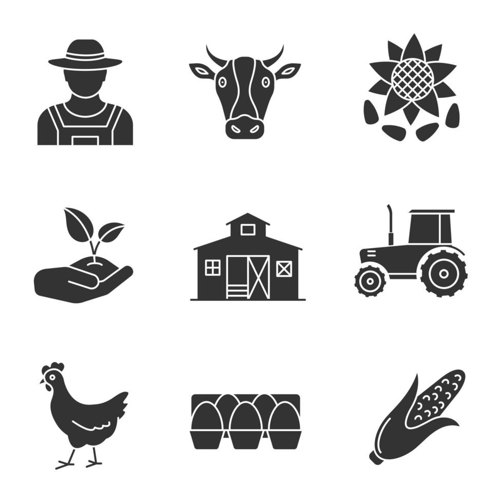 Agriculture glyph icons set. Farming silhouette symbols. Farmer, cow head, sunflower with seeds, sprout in hand, barn, tractor, chicken, eggs tray, corn. Vector isolated illustration