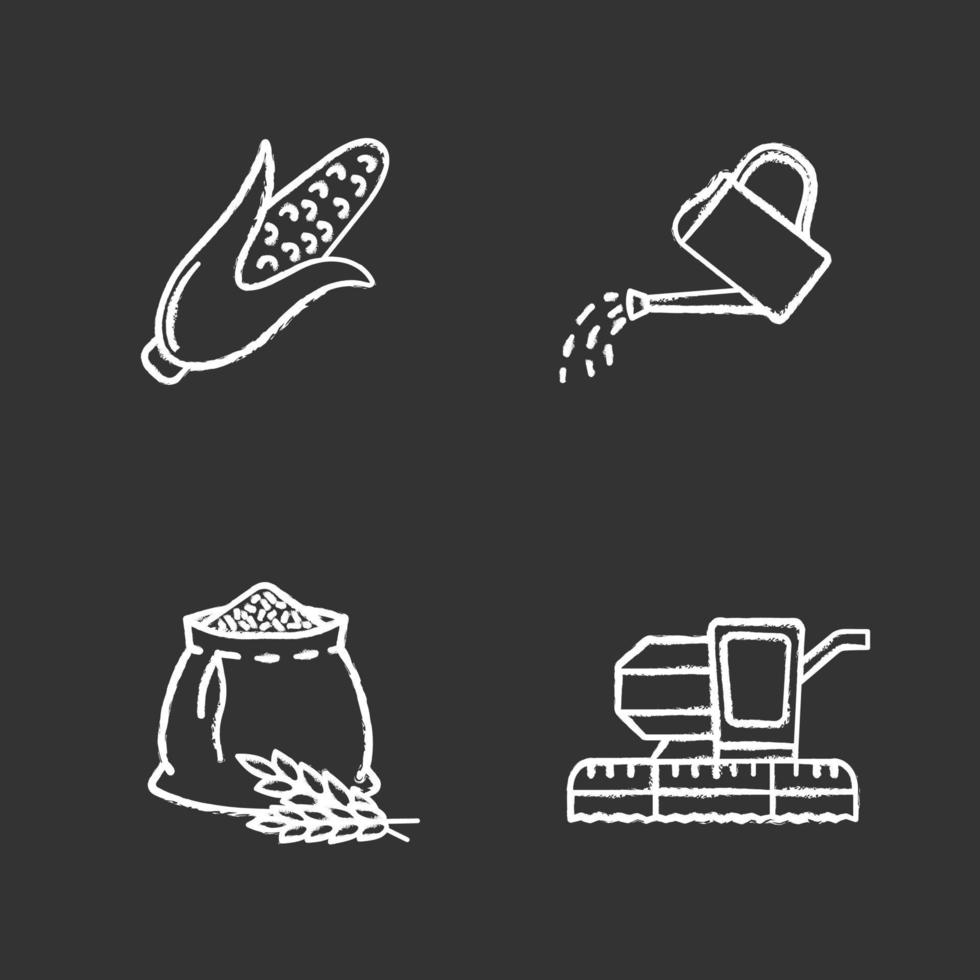 Agriculture chalk icons set. Farming. Corn, watering can, flour bag, combine harvester. Isolated vector chalkboard illustration