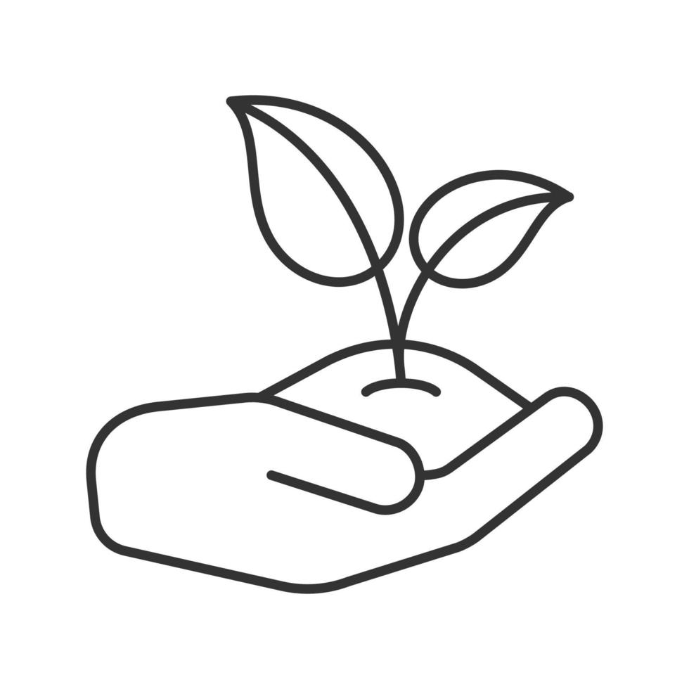 Open hand with sprout linear icon. Environment protection. Thin line illustration. Agriculture. Contour symbol. Vector isolated outline drawing