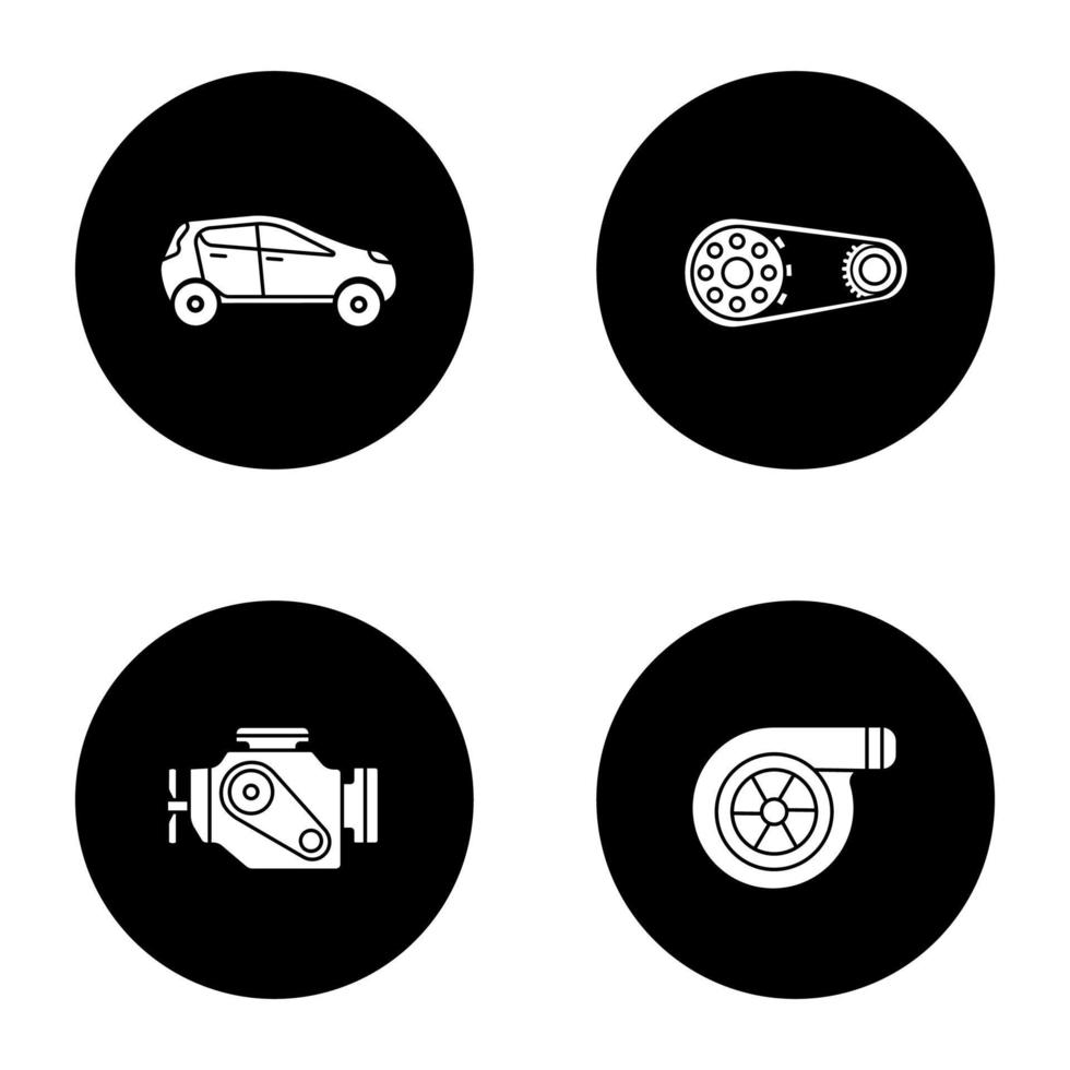 conjunto de iconos de glifo de taller automático. coche, rueda dentada, motor, turbocompresor. ilustraciones de siluetas blancas vectoriales en círculos negros vector