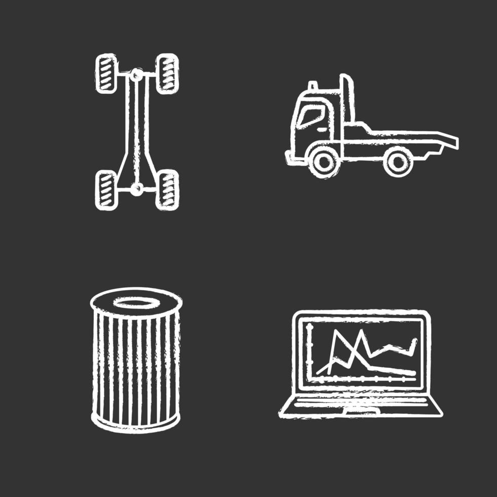 conjunto de iconos de tiza de taller automático. bastidor de chasis de automóvil, grúa, filtro de aire, diagnóstico por computadora. Ilustraciones de vector pizarra
