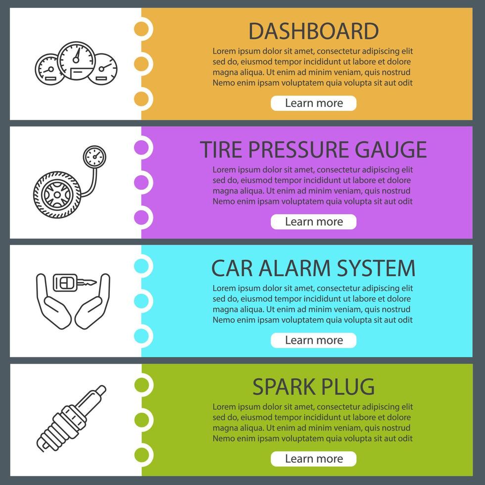 Auto workshop web banner templates set. Dashboard, tire pressure gauge, alarm system, spark plug. Website color menu items with linear icons. Vector headers design concepts