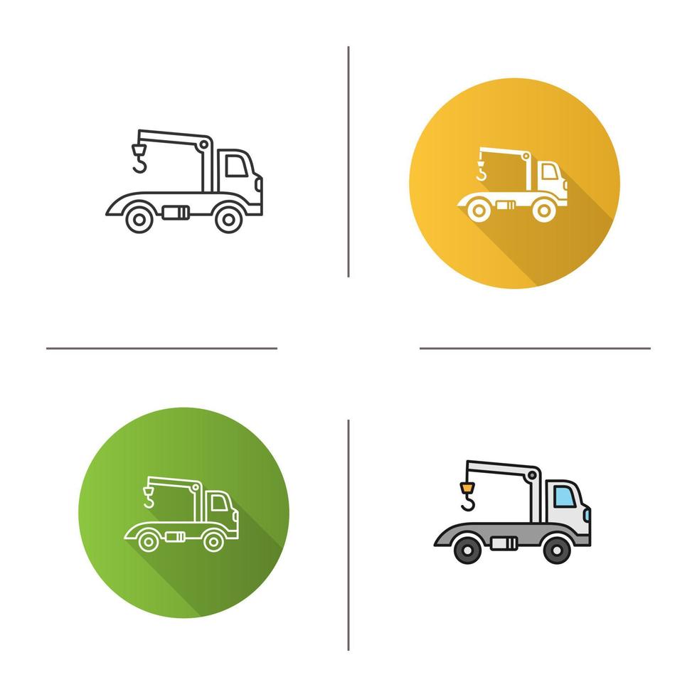 Tow truck icon. Flat design, linear and color styles. Evacuator. Car wrecker. Isolated vector illustrations