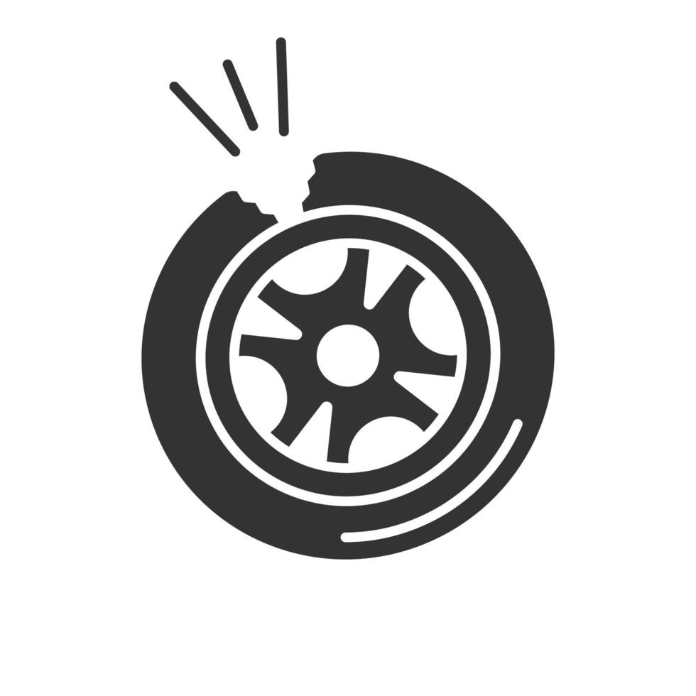Punctured tire glyph icon. Silhouette symbol. Negative space. Vector isolated illustration