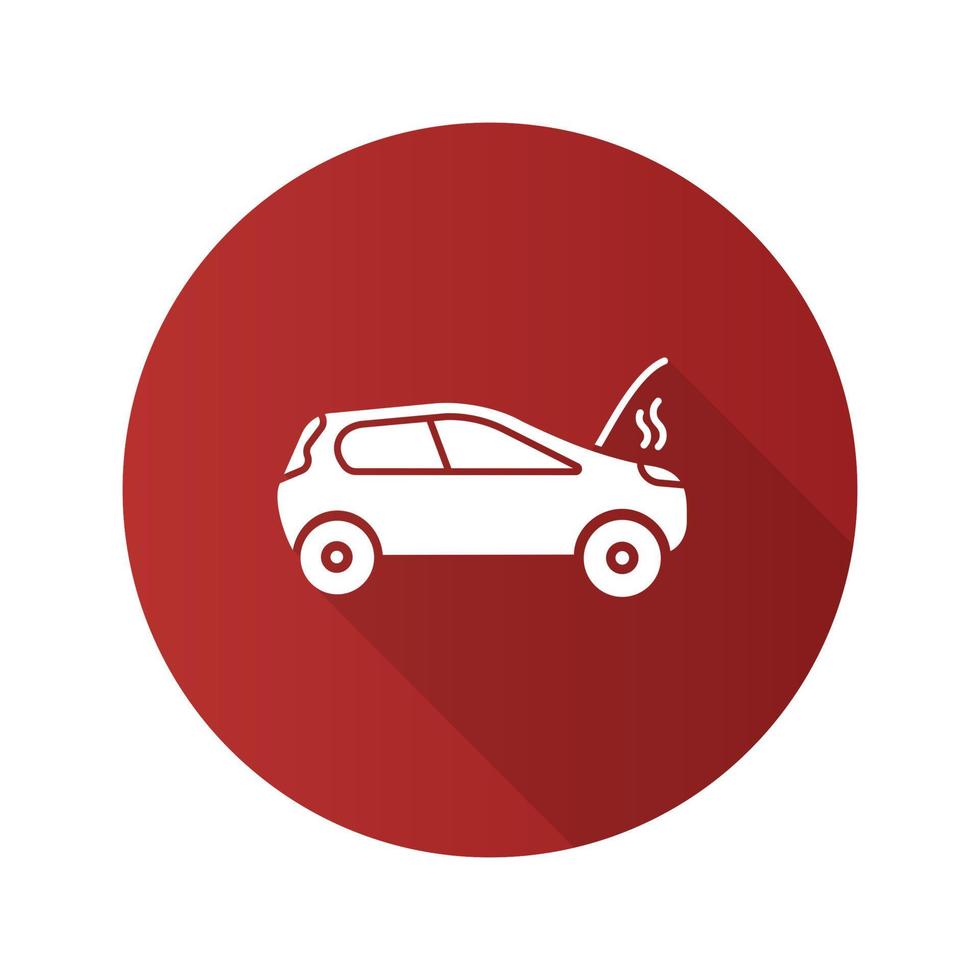 Broken car flat design long shadow glyph icon. Automobile with open hood and smoke. Vector silhouette illustration