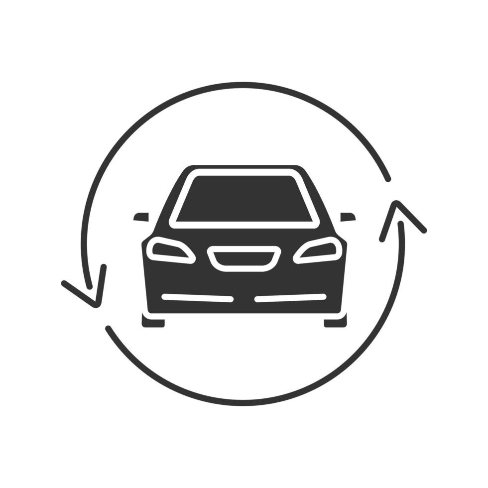 Car with circle arrow glyph icon. Complete automobile repair service. Used car market. Silhouette symbol. Negative space. Vector isolated illustration