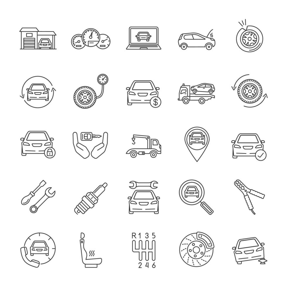 Auto workshop linear icons set. Car service. Instruments, equipment and spare parts. Thin line contour symbols. Isolated vector outline illustrations