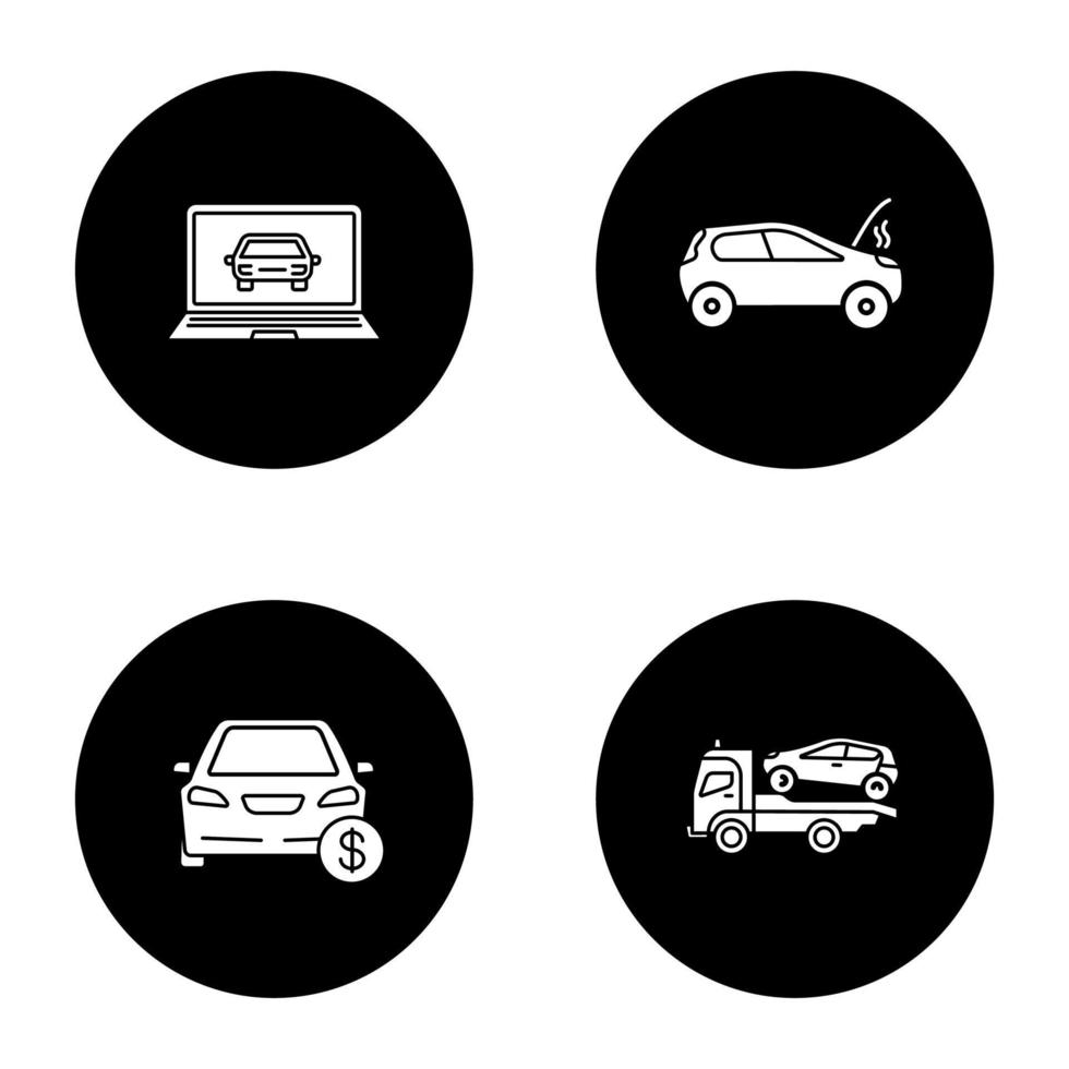 Auto workshop glyph icons set. Computer diagnostics, broken car, automobile buying, tow truck. Vector white silhouettes illustrations in black circles