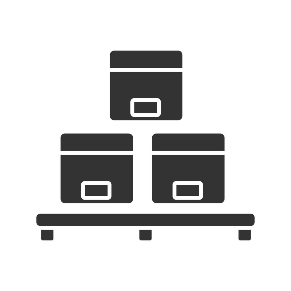 Cardboard boxes on pallet glyph icon. Silhouette symbol. Warehouse. Parcels storage. Negative space. Vector isolated illustration