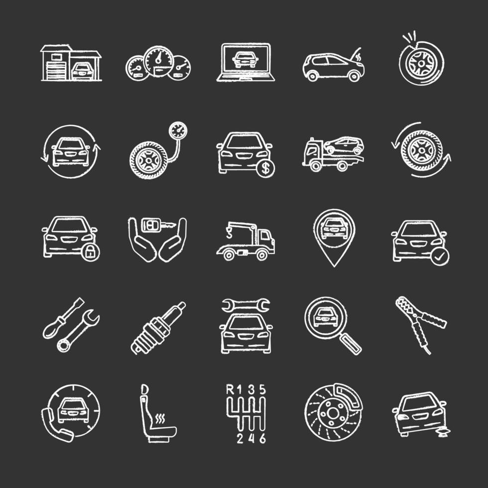 conjunto de iconos de tiza de taller automático. Servicio de auto. instrumentos, equipos y repuestos. Ilustraciones de vector pizarra