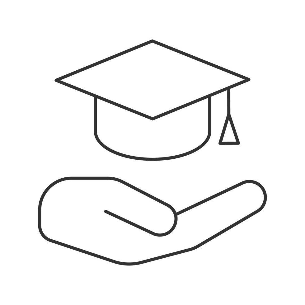 Open hand with graduation cap linear icon. Accessible education. Thin line illustration. Getting diploma. Contour symbol. Vector isolated outline drawing