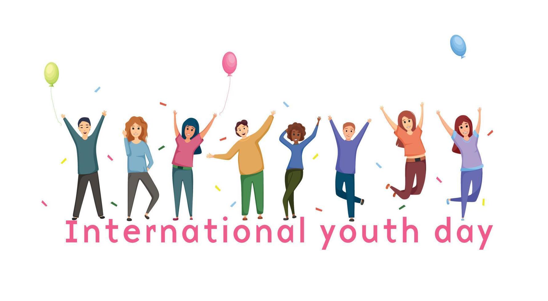 Joyful girls and guys of different nationalities celebrate International Youth Day with balloons and candy. Friendly company. And Vector cartoon illustration.