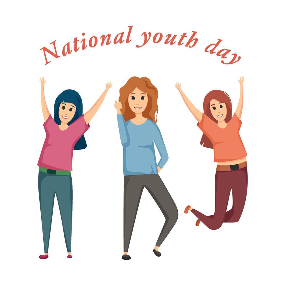 Joyful girls celebrating national youth day. Vector cartoon illustration.