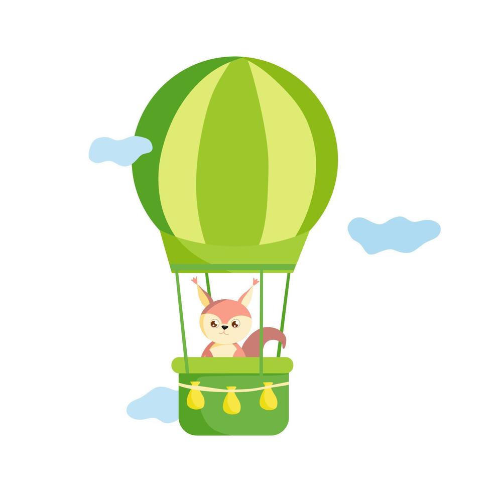 A squirrel flies in a hot air balloon. Vector illustration for kindergarten.