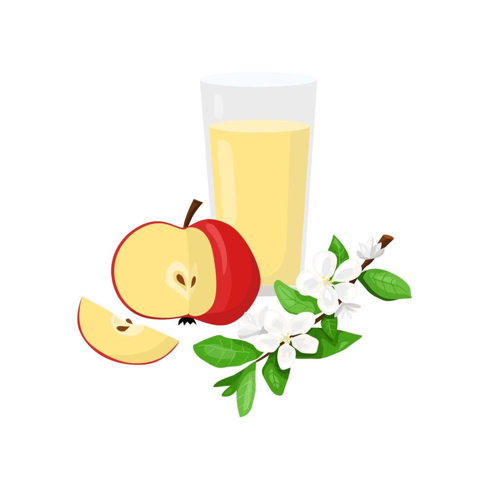 Glass of apple juice with sliced red apple vector