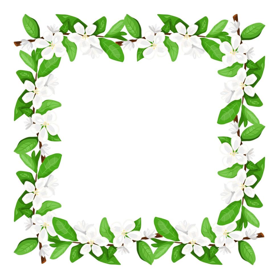 White flowers blossom brunch frame. Vector frame.