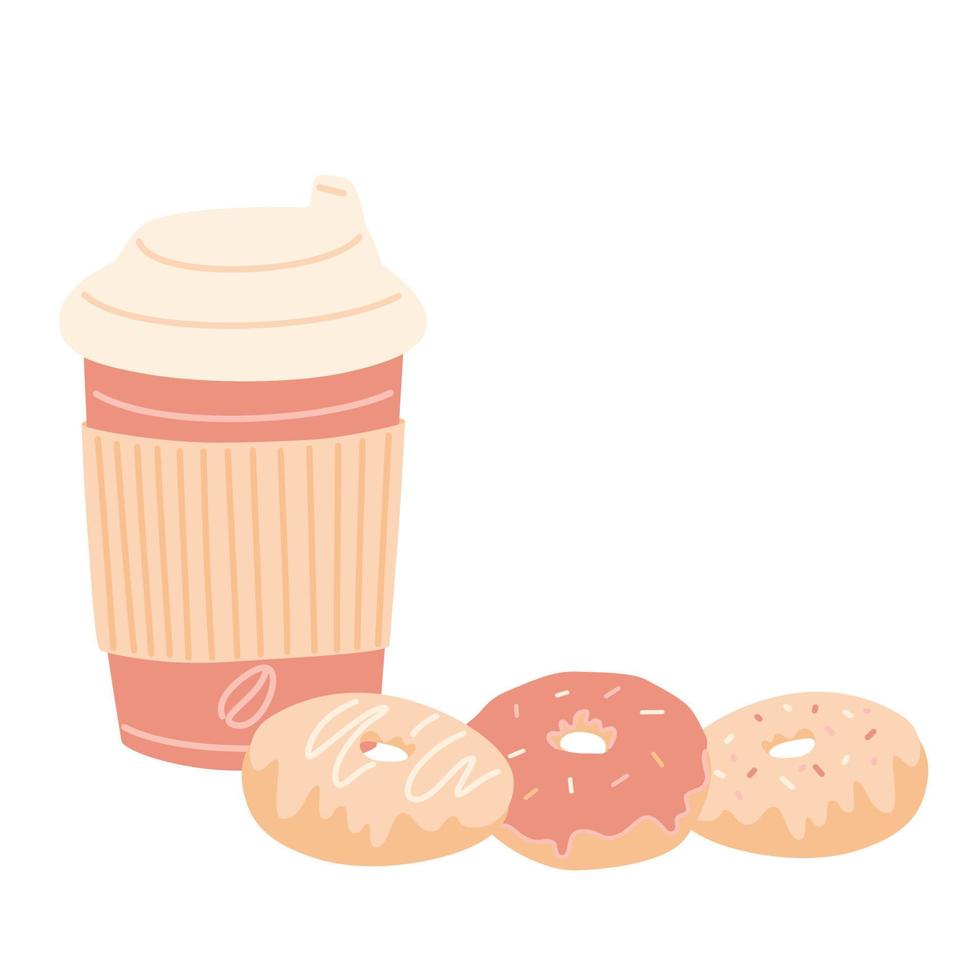 Coffee takeaway cup. Donuts. Vector illustration.