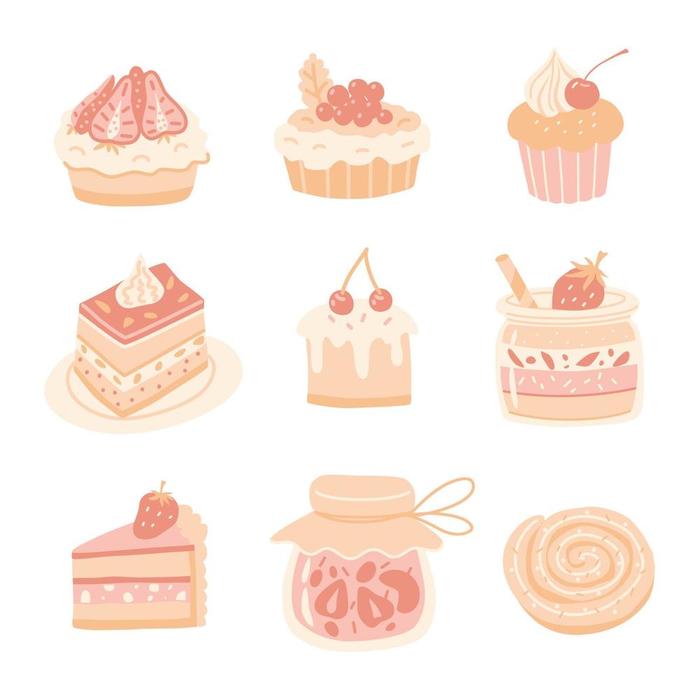 Cupcakes bakery desserts vector set.