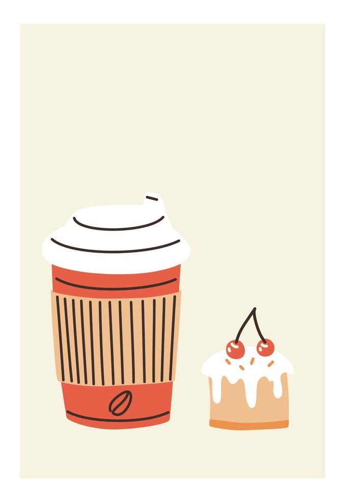 Coffee takeaway cup and cupcake. Vector hand drawn poster.