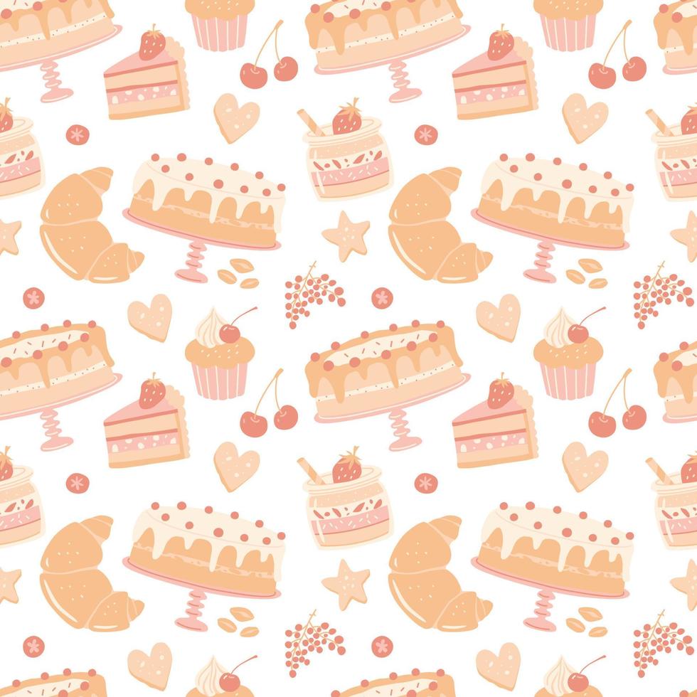 Repeating pattern with pastry desserts. Vector seamless pattern.