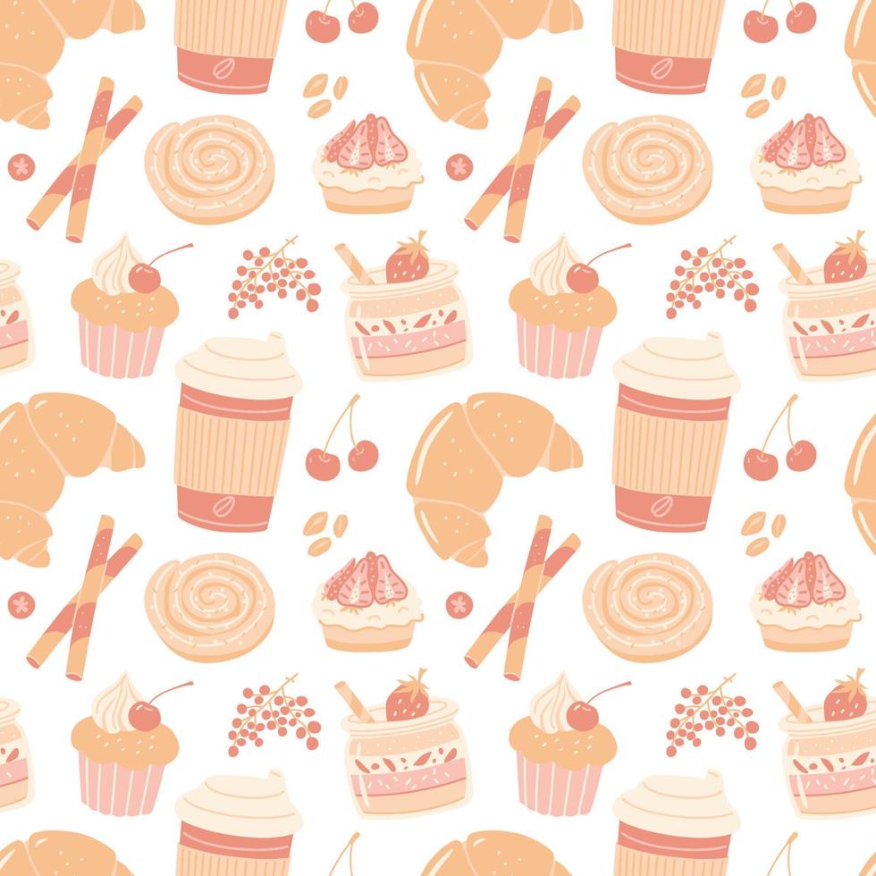 Seamless pattern with sweet desserts. Vector coffee design.