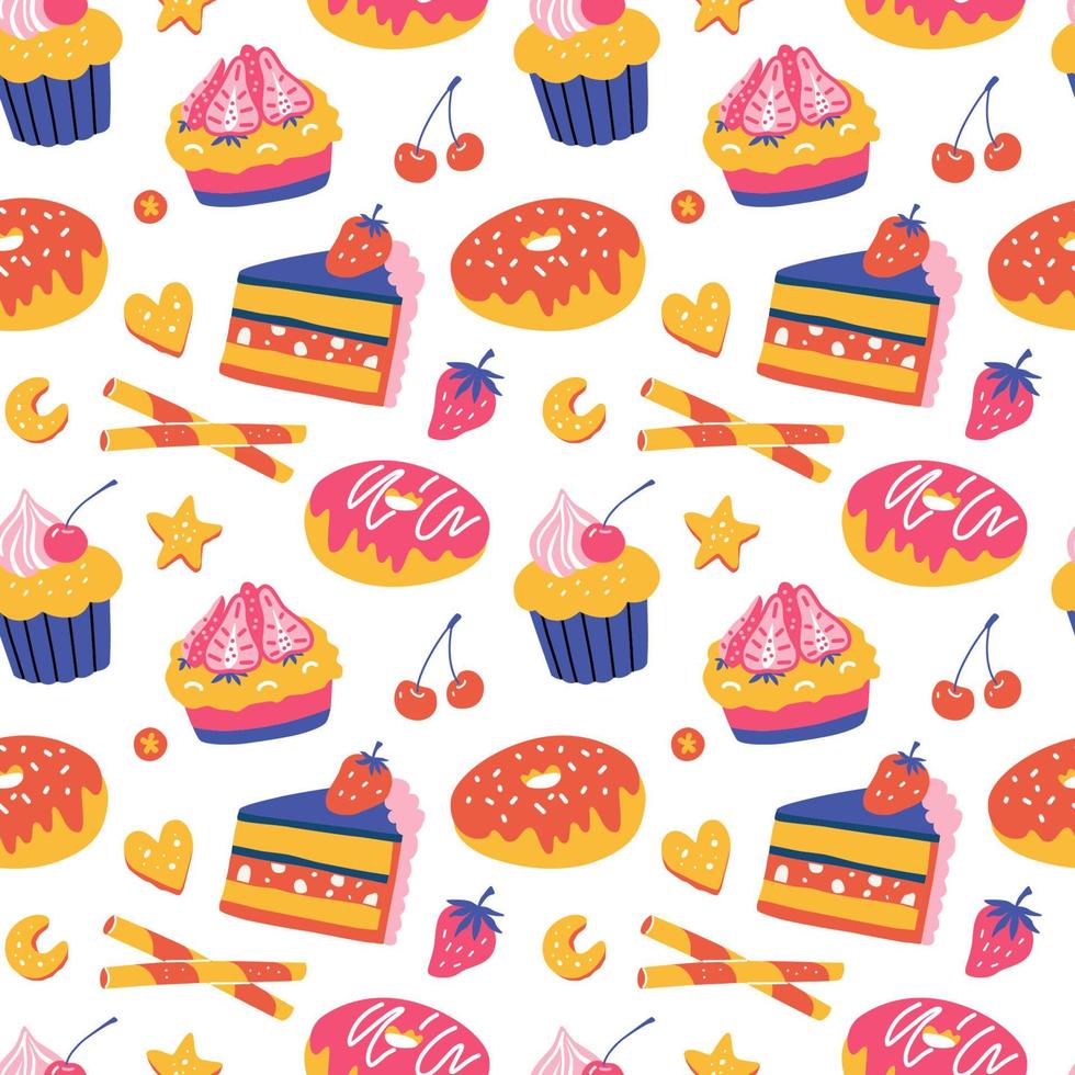 Bright repeating pattern. Desserts and sweets. Vector seamless pattern.