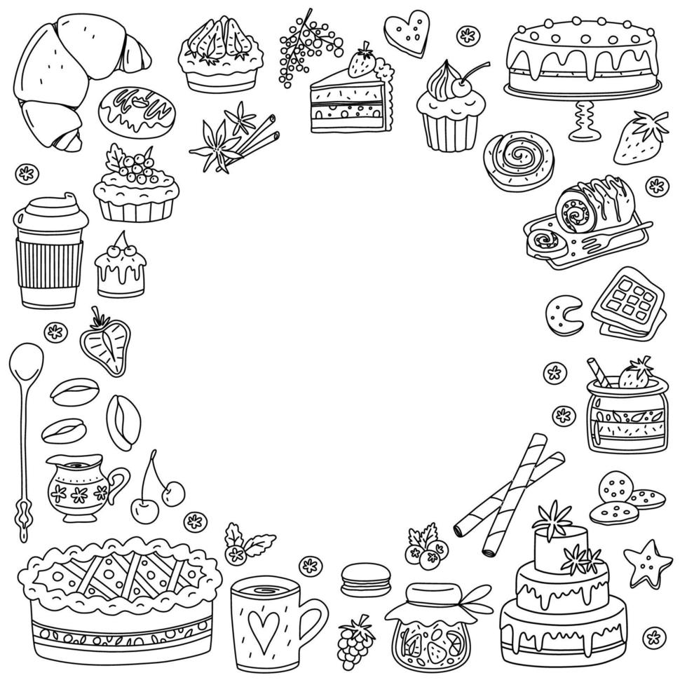 Desserts and bakery goods. Doodle elements. Vector round frame.