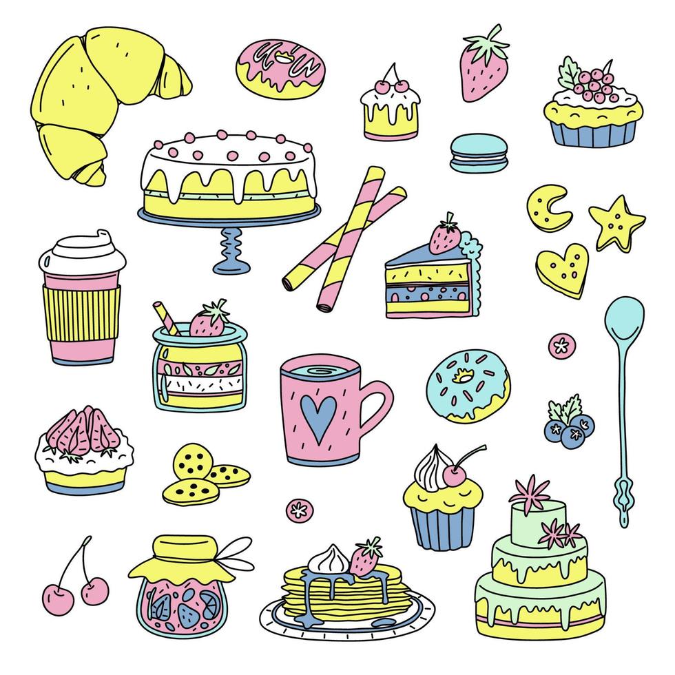 Desserts pastry set. Vector cartoon doodle kit.