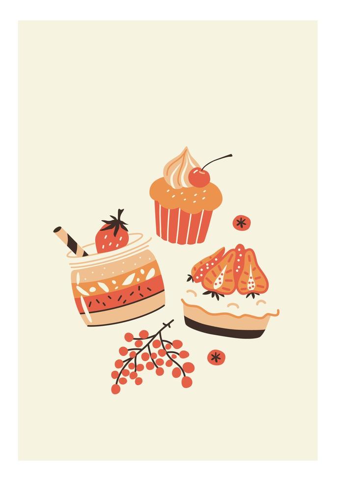 Desserts hand drawn cupcakes and tart. Vector poster.
