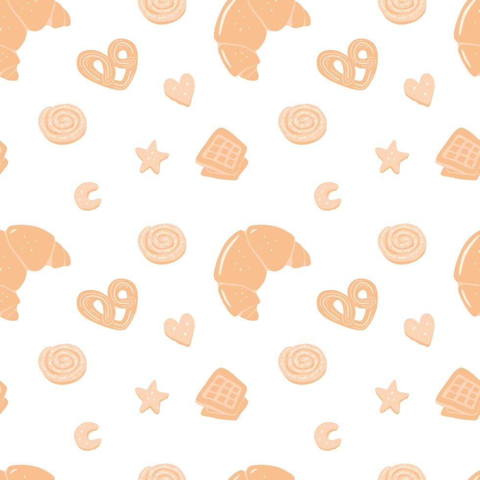 Seamless repeating pattern with pastry items. Vector background.