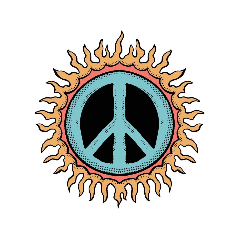 ilustración de doodle de símbolo de paz y fuego colorido para diseño de camiseta de póster de tatuaje de pegatina, etc. vector